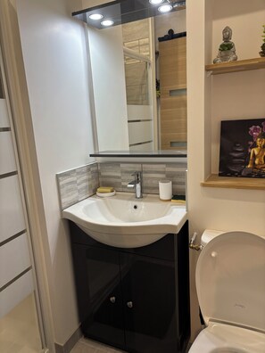 SĂšche-cheveux, serviettes fournies, savon, shampoing