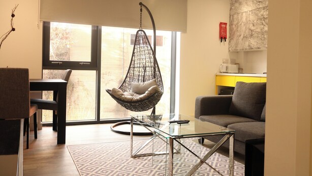 A modern living room with a hanging chair, a glass coffee table, and a sofa.