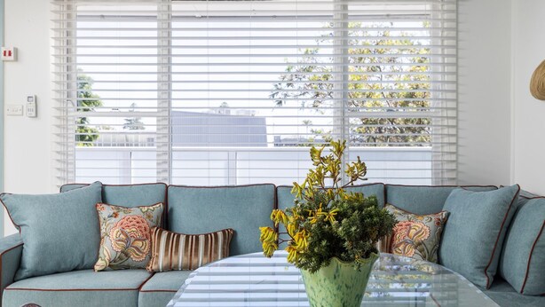 Una sala de estar con un sofá, cojines estampados, una mesa de centro de vidrio y una planta en maceta.