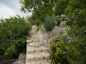 A stone staircase surrounded by lush greenery. - Apartments Galić (Ploce)