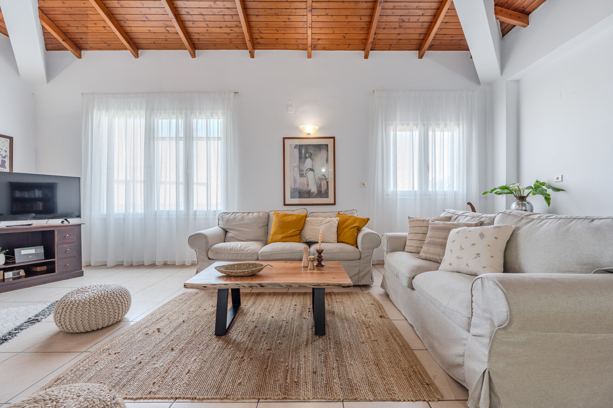 A spacious living room with a high wooden ceiling, two sofas with cushions, a coffee table, a television, and a plant.