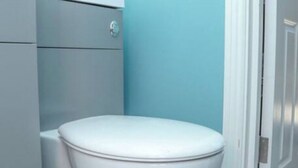A bathroom with a white toilet and a grey cabinet.