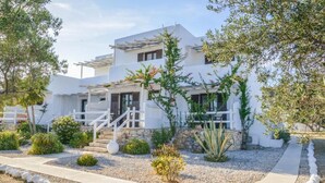 A modern white building with a stone pathway, a white fence, and various plants. - Fantasy Rooms  (Milos)