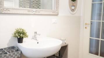 Shower, hair dryer, bidet, towels