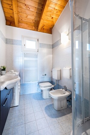 Apartamento básico | Baño | Ducha, secador de pelo, bidé y toallas