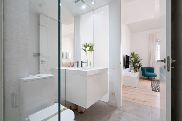 Shower, hair dryer, towels