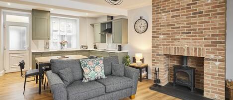 TV, fireplace, books