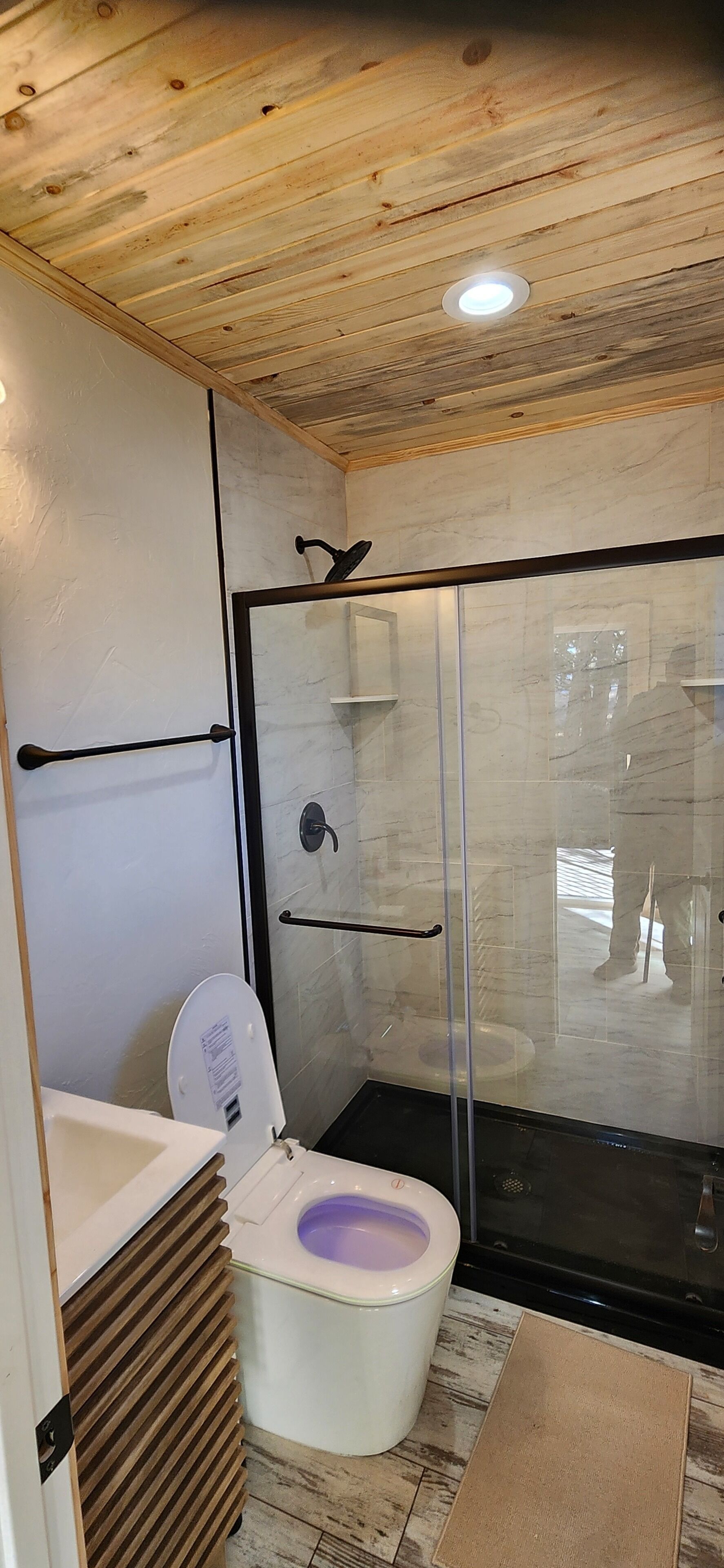 A bathroom with a wooden ceiling, a glass shower enclosure, a white toilet, and a black sink.