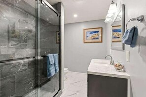 Hair dryer, towels, soap, shampoo