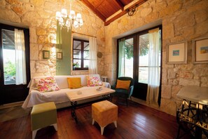 TV, fireplace, books, music library