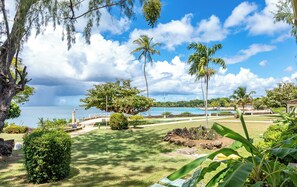 Enjoy a serene beachfront setting with a lawn, tropical plants, and ocean views from a paved walkway to a seating area.