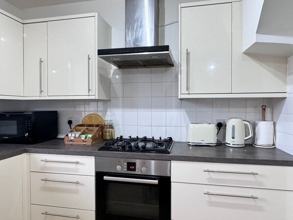 Fridge, microwave, oven, electric kettle