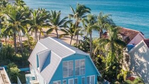 A blue house with a balcony, surrounded by palm trees and a view of the ocean.