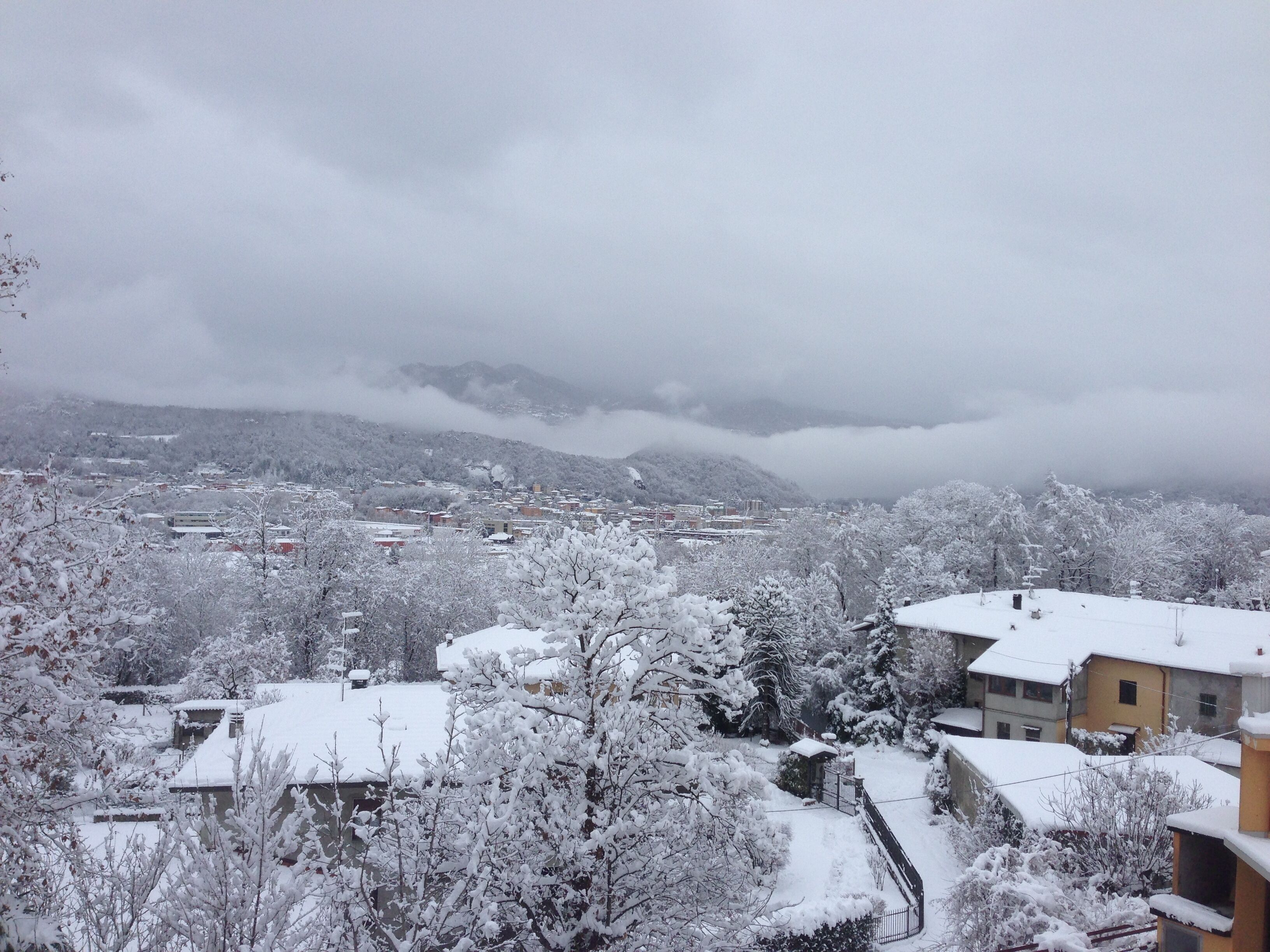 Schneebedeckte Landschaft mit Gebäuden und Bäumen.