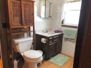 Hair dryer, towels, soap, toilet paper
