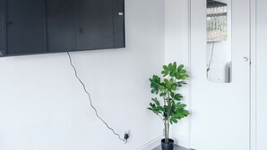 A room with a large wall-mounted TV, a potted plant, and a door with a mirror. - Karazo Property- Luxury 2 bed in Croydon (Croydon)