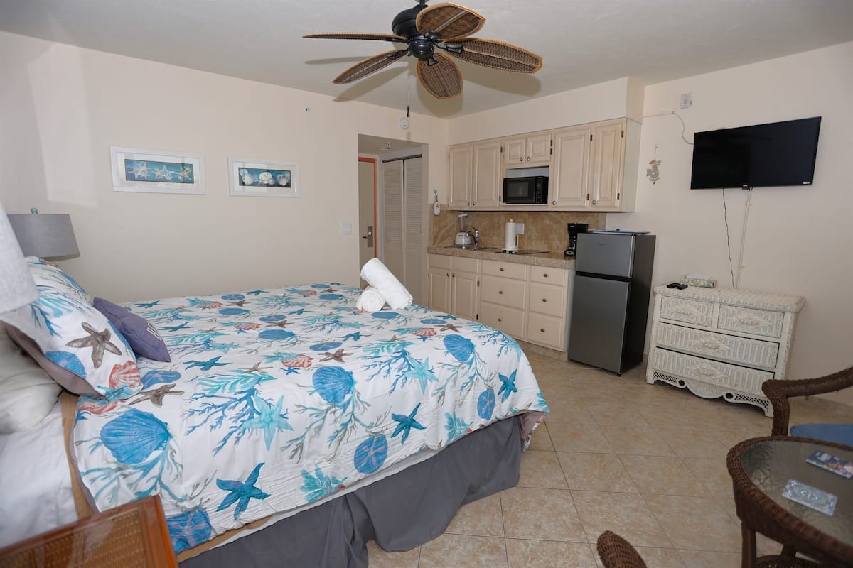 Une chambre avec un lit, un ventilateur de plafond, un coin cuisine et un téléviseur.