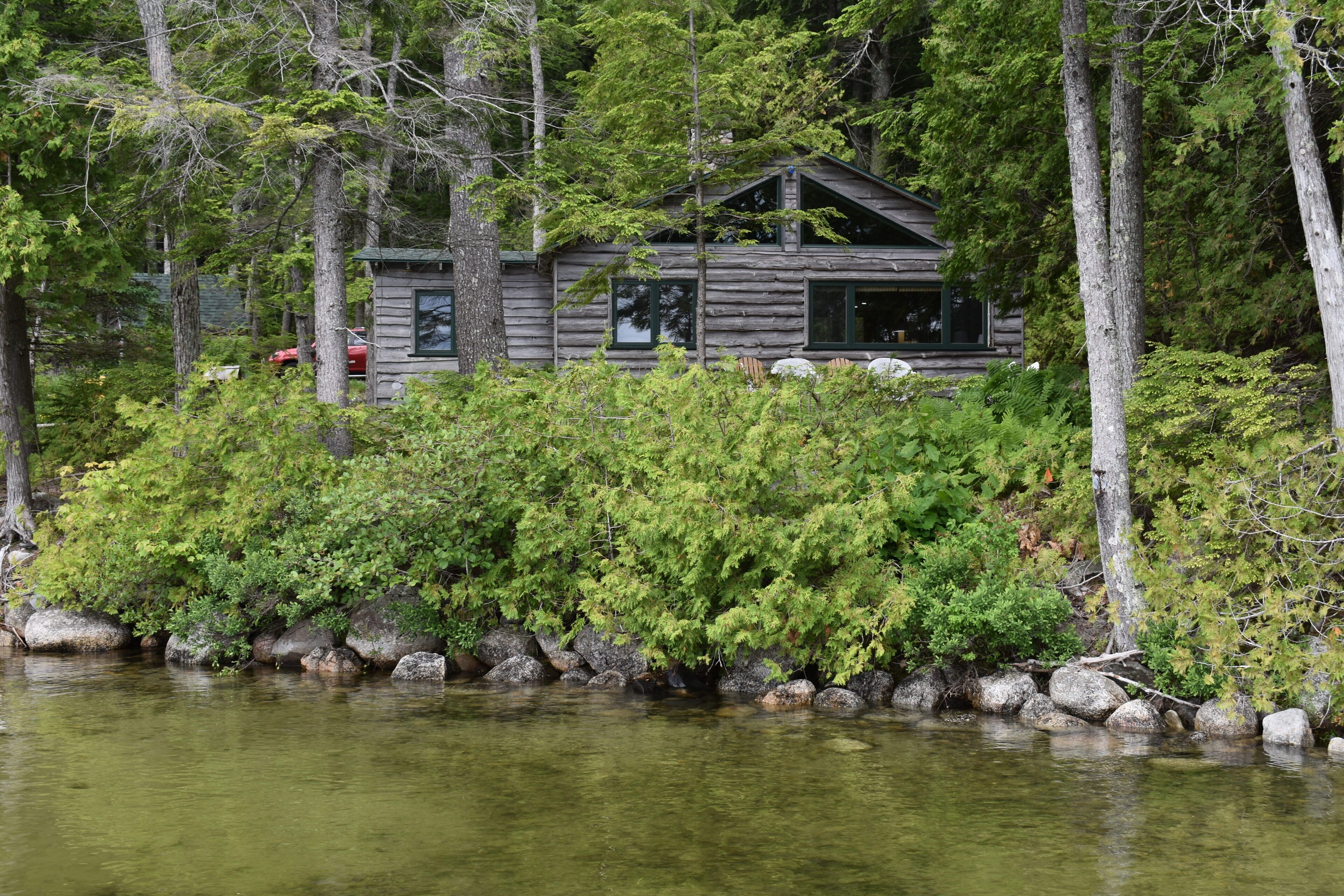 A cabin with a log exterior, surrounded by dense forest and a body of water.