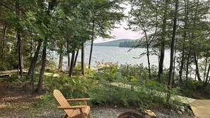 Una terraza de madera con una silla, rodeada de árboles frondosos y con vistas a un lago tranquilo.