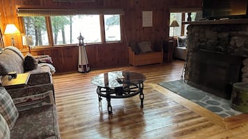 Smart TV, fireplace, books