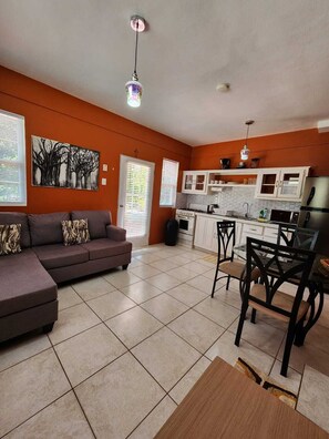 A living room with a sofa, a dining area with chairs, a kitchen with cabinets and appliances, and a window with blinds.
