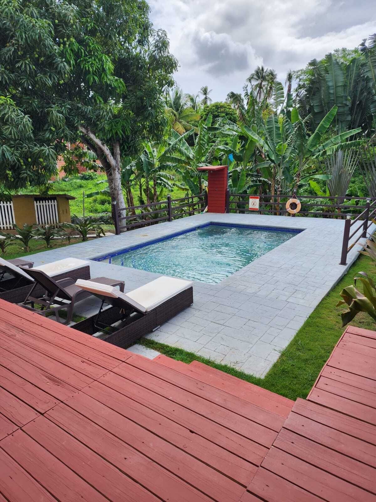 A rectangular swimming pool with a red safety structure, surrounded by lush greenery and a wooden deck.