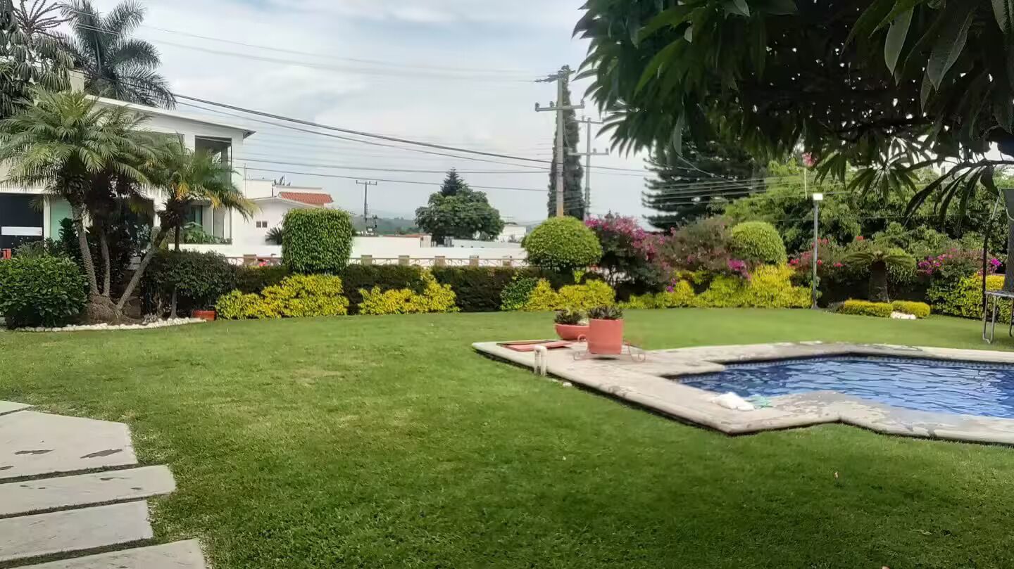 Ein gepflegter Garten mit Schwimmbecken, umgeben von üppiger Vegetation und unterschiedlichen Pflanzen.