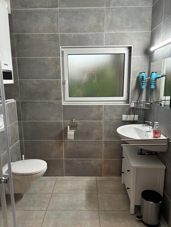 Ducha, secador de pelo, toallas, jabón