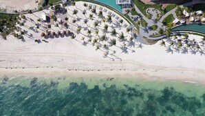 Vista aérea de un complejo turístico con playa de arena, palmeras y zona de piscina.