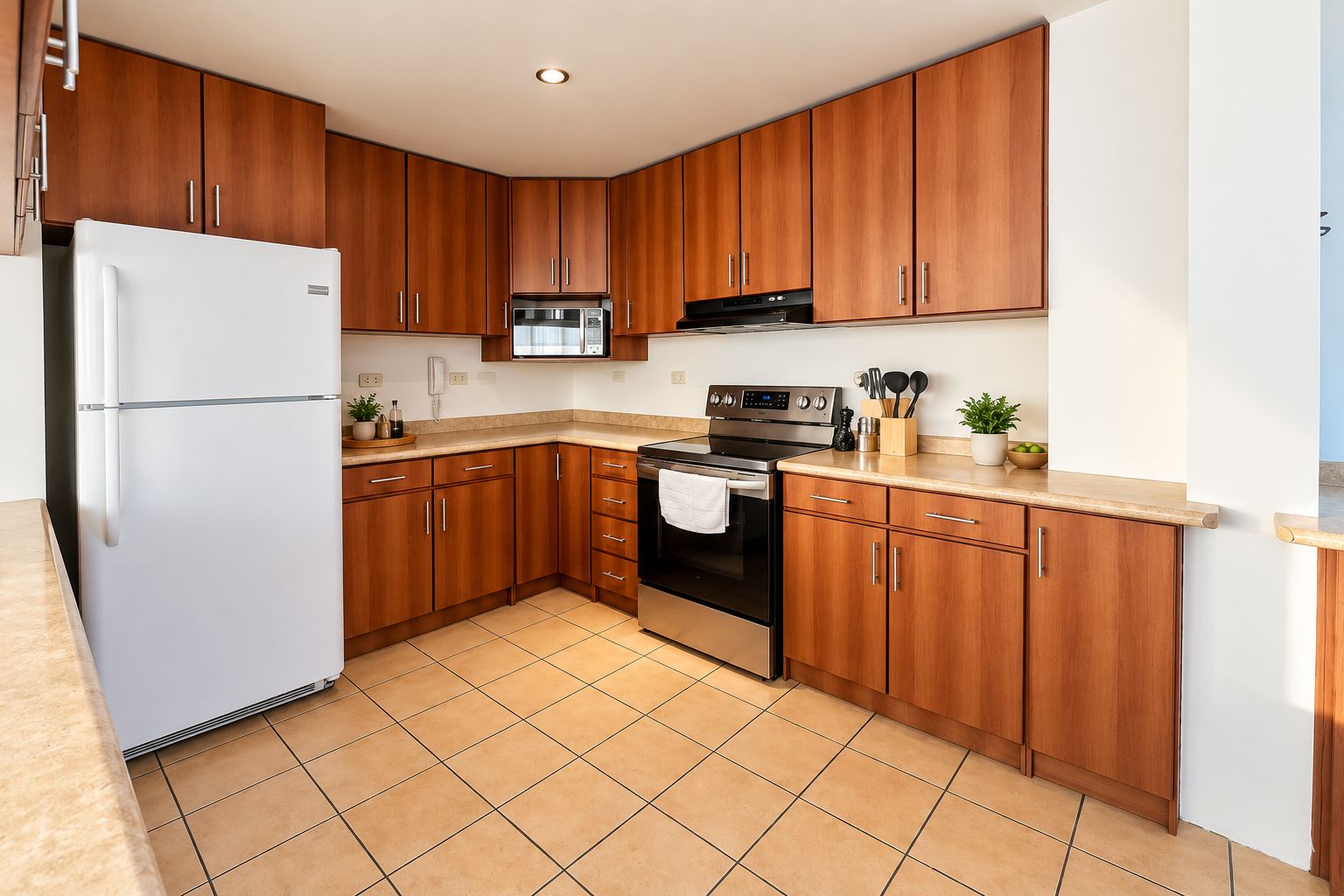 A kitchen with wooden cabinets, a white refrigerator, a stove, and a microwave.