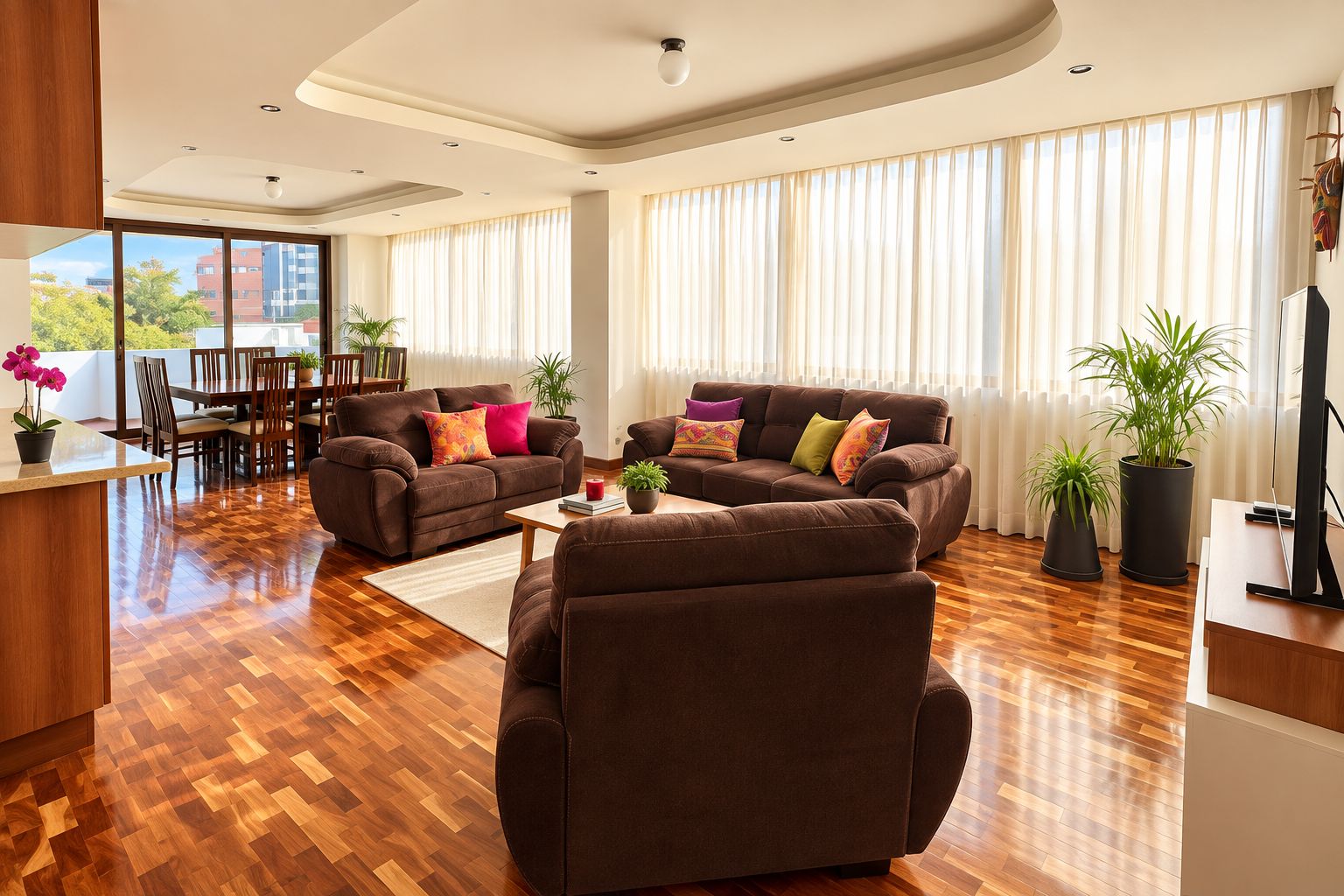 A modern living room with a sofa set, a coffee table, and a dining area with chairs and a table.