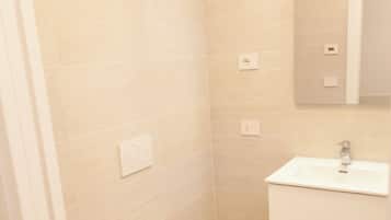 Hair dryer, bidet, towels, soap