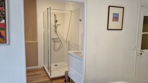 Shower, hair dryer, toilet paper