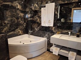 Shower, rainfall showerhead, free toiletries, hair dryer