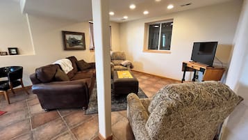 TV connectée, cheminée, lecteur de DVD, livres