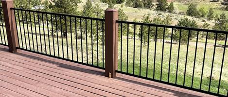 Une terrasse en bois, dotée d’une rambarde métallique, offre une vue sur un paysage montagneux à la végétation clairsemée.