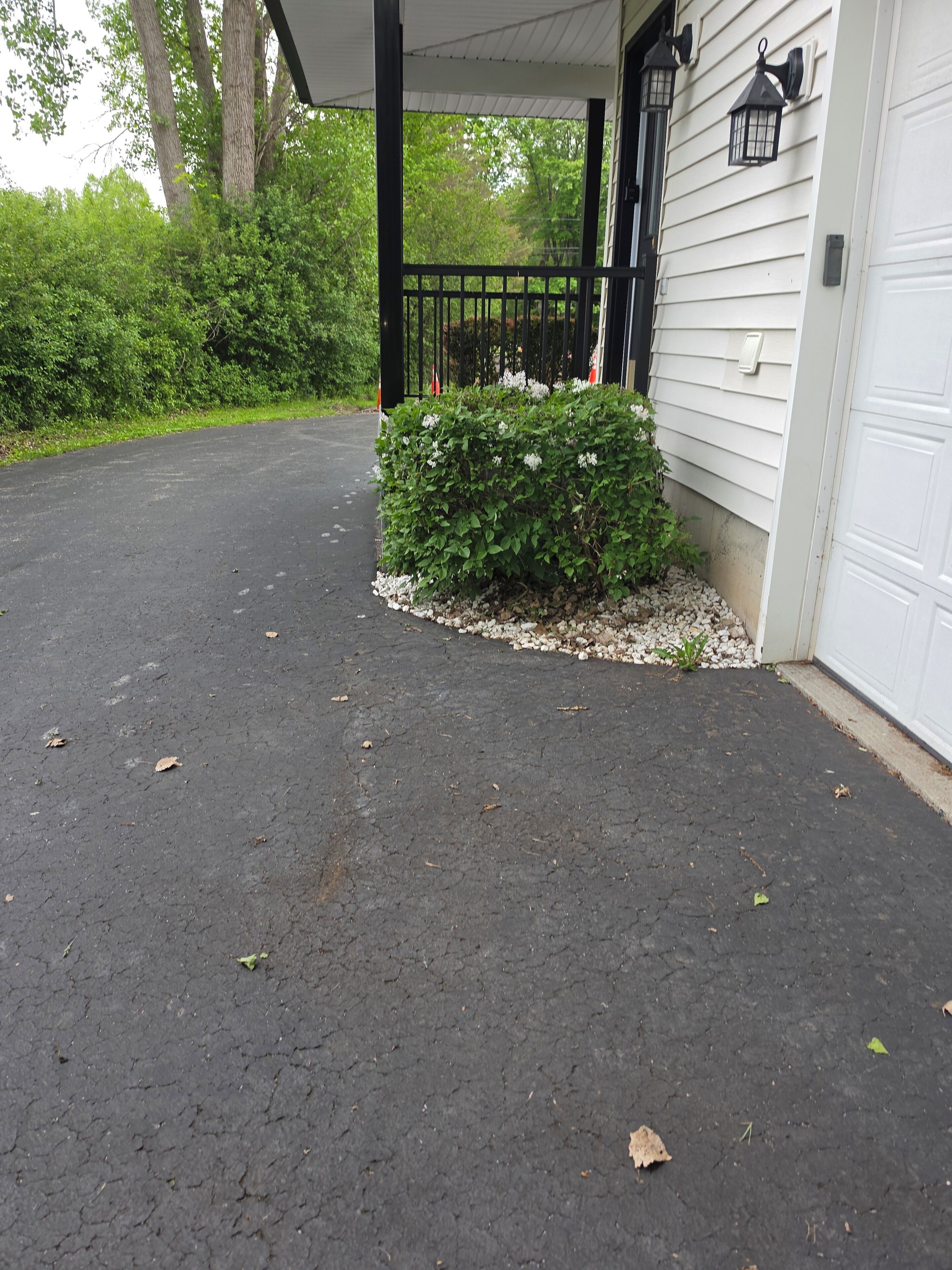A driveway leading to a house with a covered porch, a small garden bed with white flowers, and a garage door.