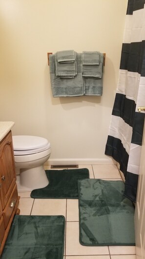 Dusche, Haartrockner, Handtücher, Seife