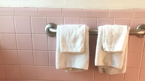A bathroom with a toilet, a paper towel dispenser, and two towels hanging on a rack. - Dorchester Motel (Redford)