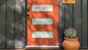 A modern door with frosted glass panels and a sign reading "THE PATSY" on a metal wall.