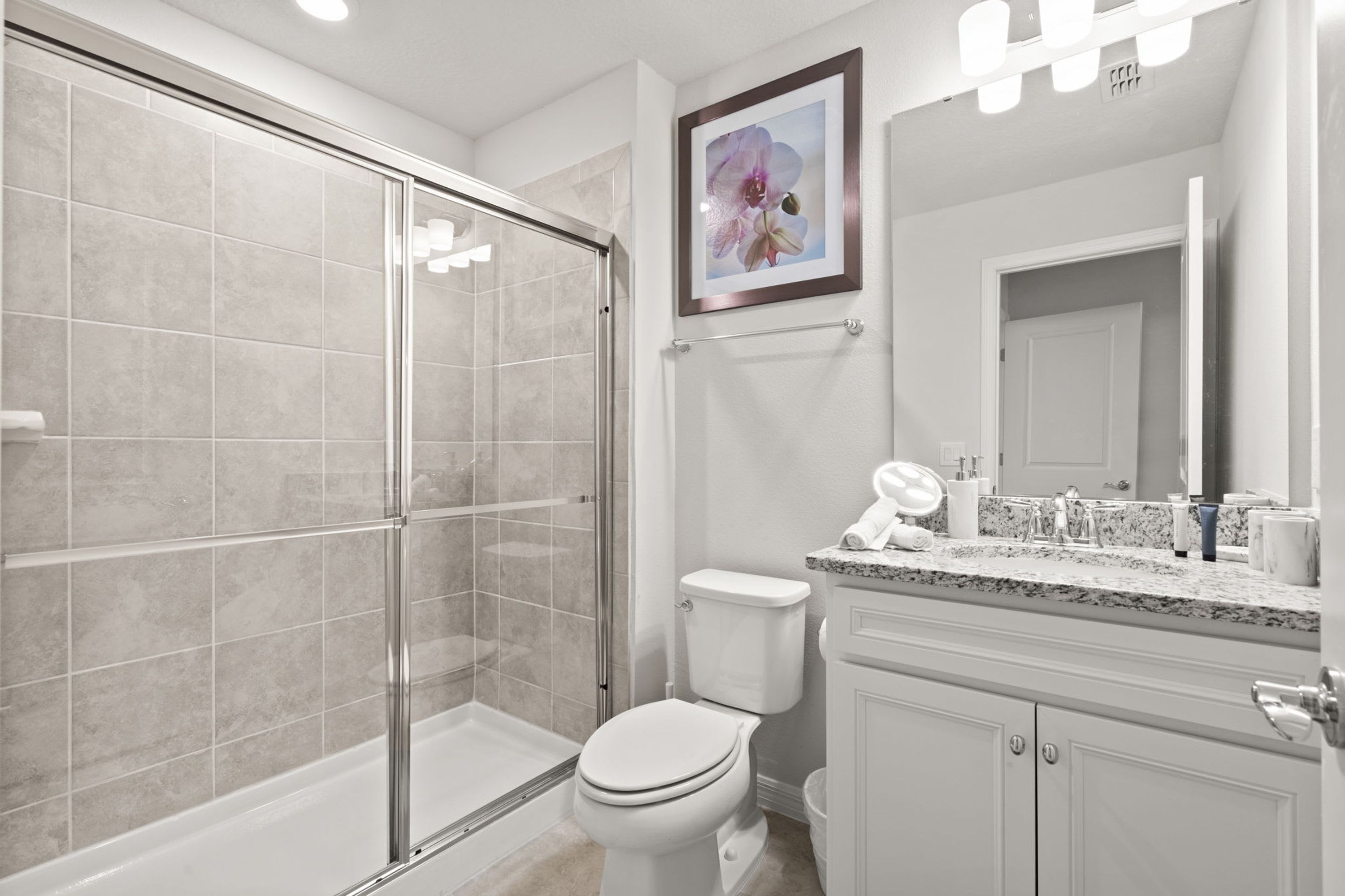A modern bathroom with a glass-enclosed shower, a white toilet, a marble countertop, and a framed floral artwork above the mirror.