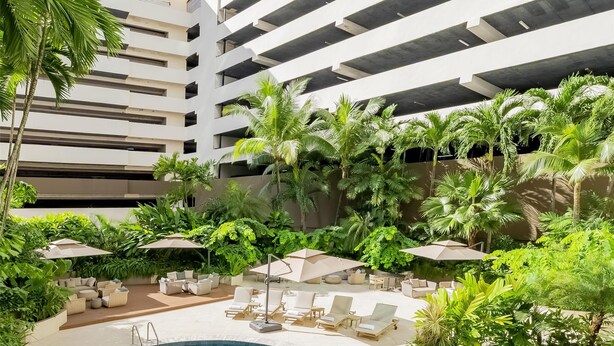 A pool area with lounge chairs and umbrellas, surrounded by greenery and a multi-story building in the background. - Hyatt Regency Panama City (Panama City)