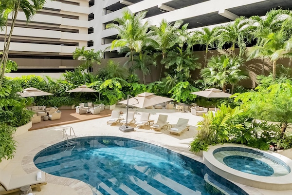 Outdoor pool, pool umbrellas