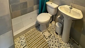Un bagno con doccia, wc, lavandino e specchio.