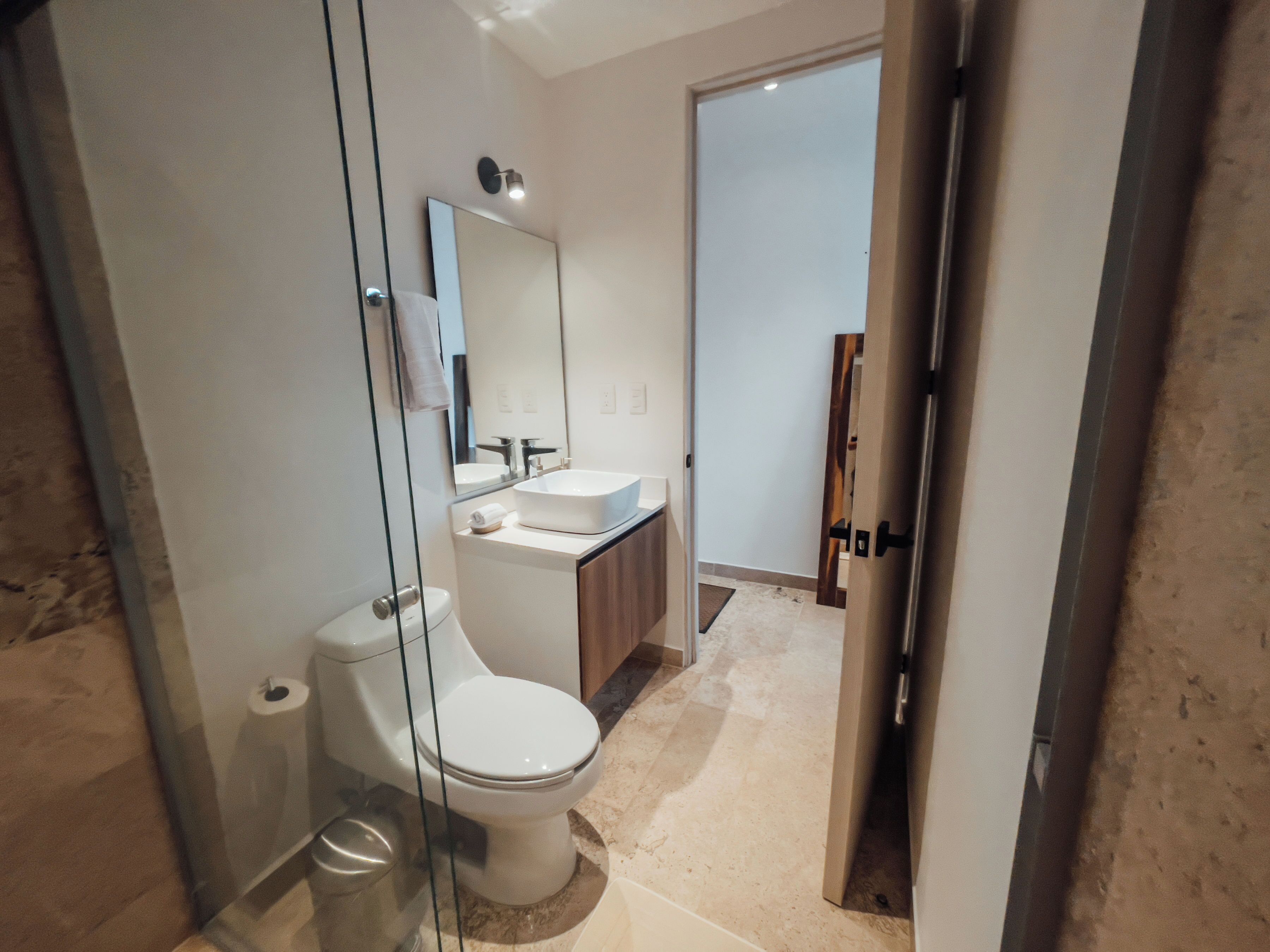 A modern bathroom with a glass shower enclosure, a white toilet, a sink, and a mirror above the sink.