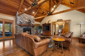 Smart TV, chimenea, libros y estéreo 