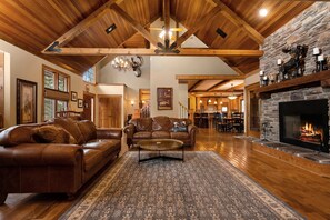 Smart TV, fireplace, books, stereo