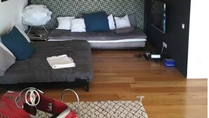 Une chambre à coucher de taille réduite, comprenant un lit, un canapé, une petite table et un téléviseur fixé au mur.