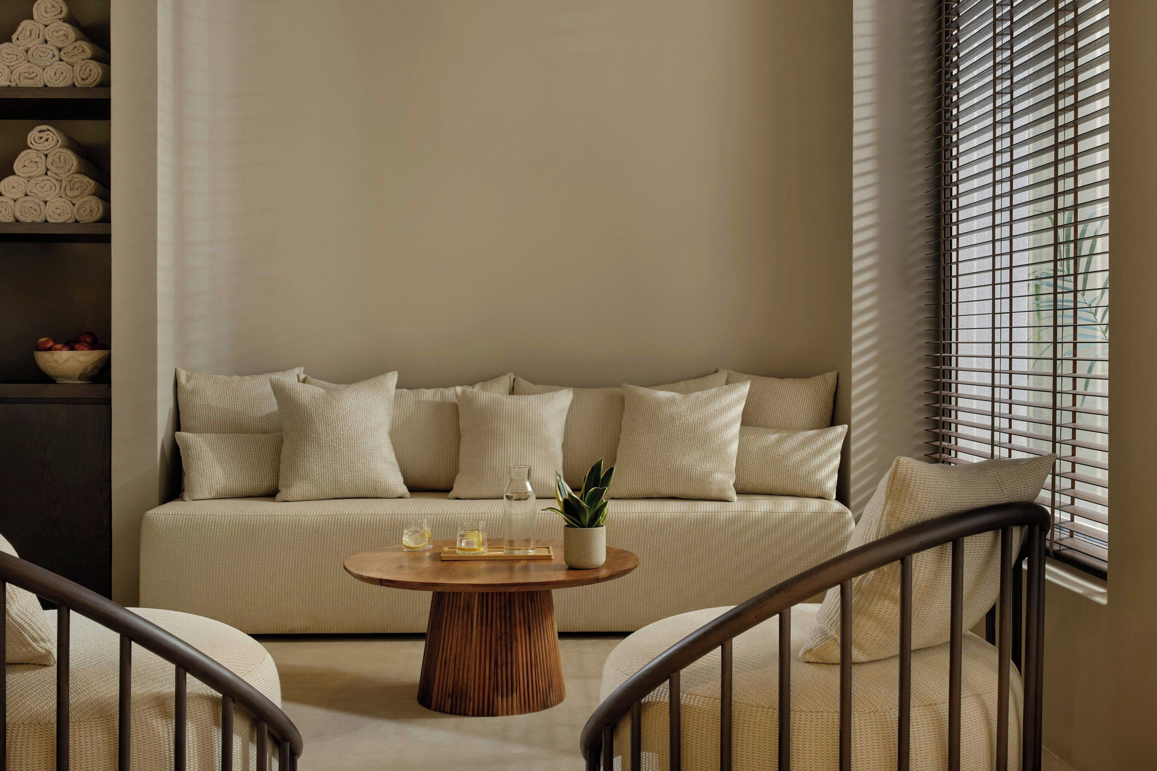 A modern living room with a sofa, a coffee table, and a potted plant.