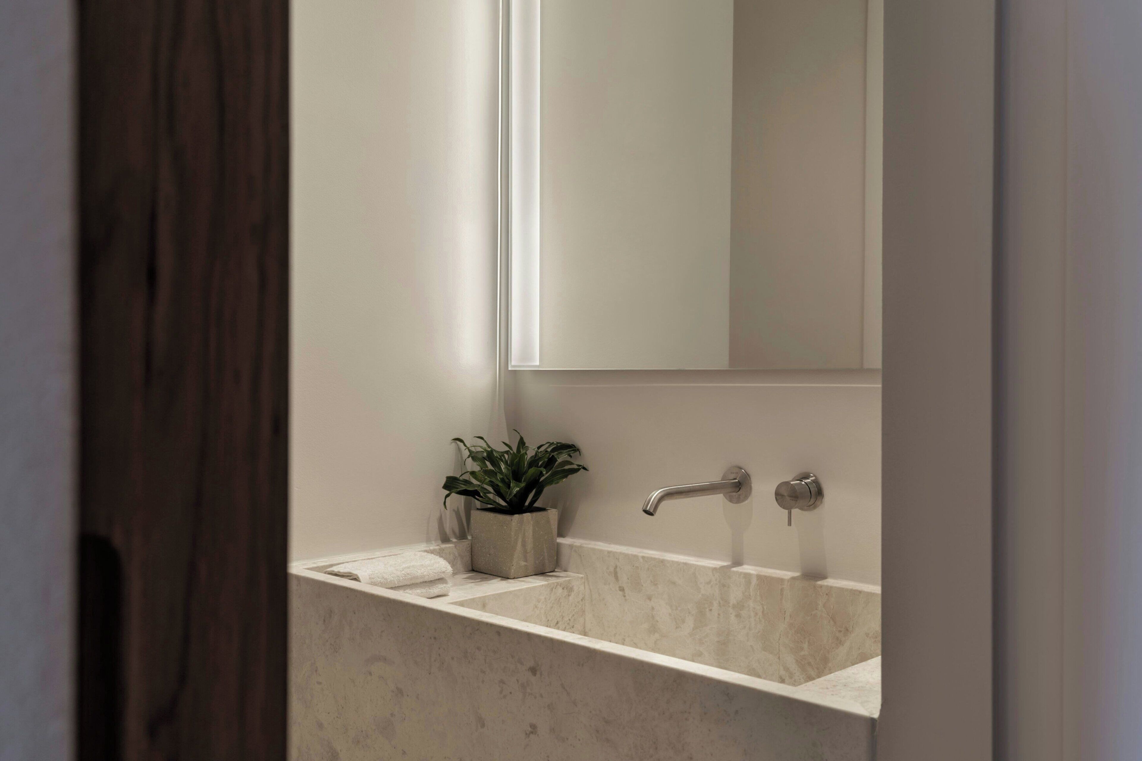 A bathroom with a marble sink, a potted plant, and a mirror.